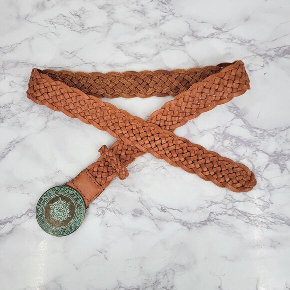 Buckle Braided Woven Tan Leather Belt with Decorative Brass Toned Buckle - Picture 6 of 14